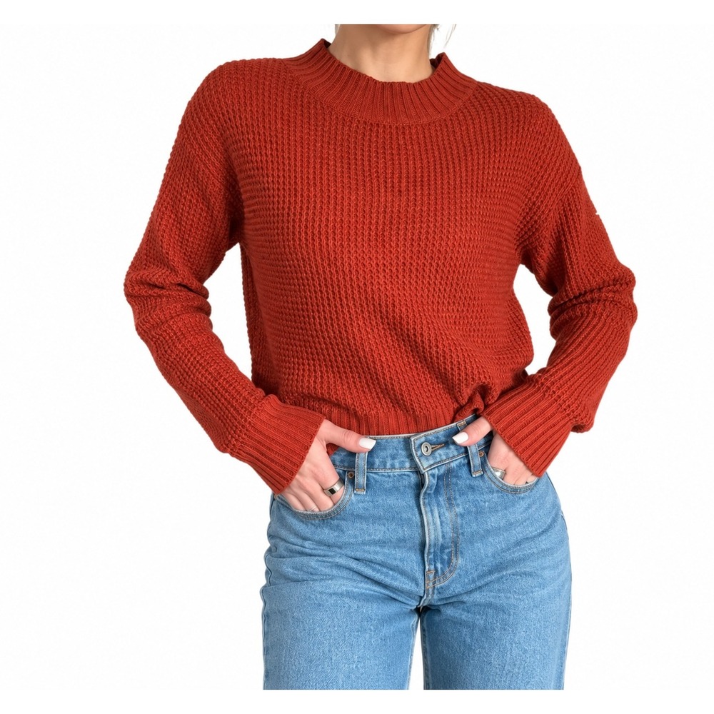 Lulus Waffle Knit Sweater Rust Orange Crew Neck Cropped Pullover